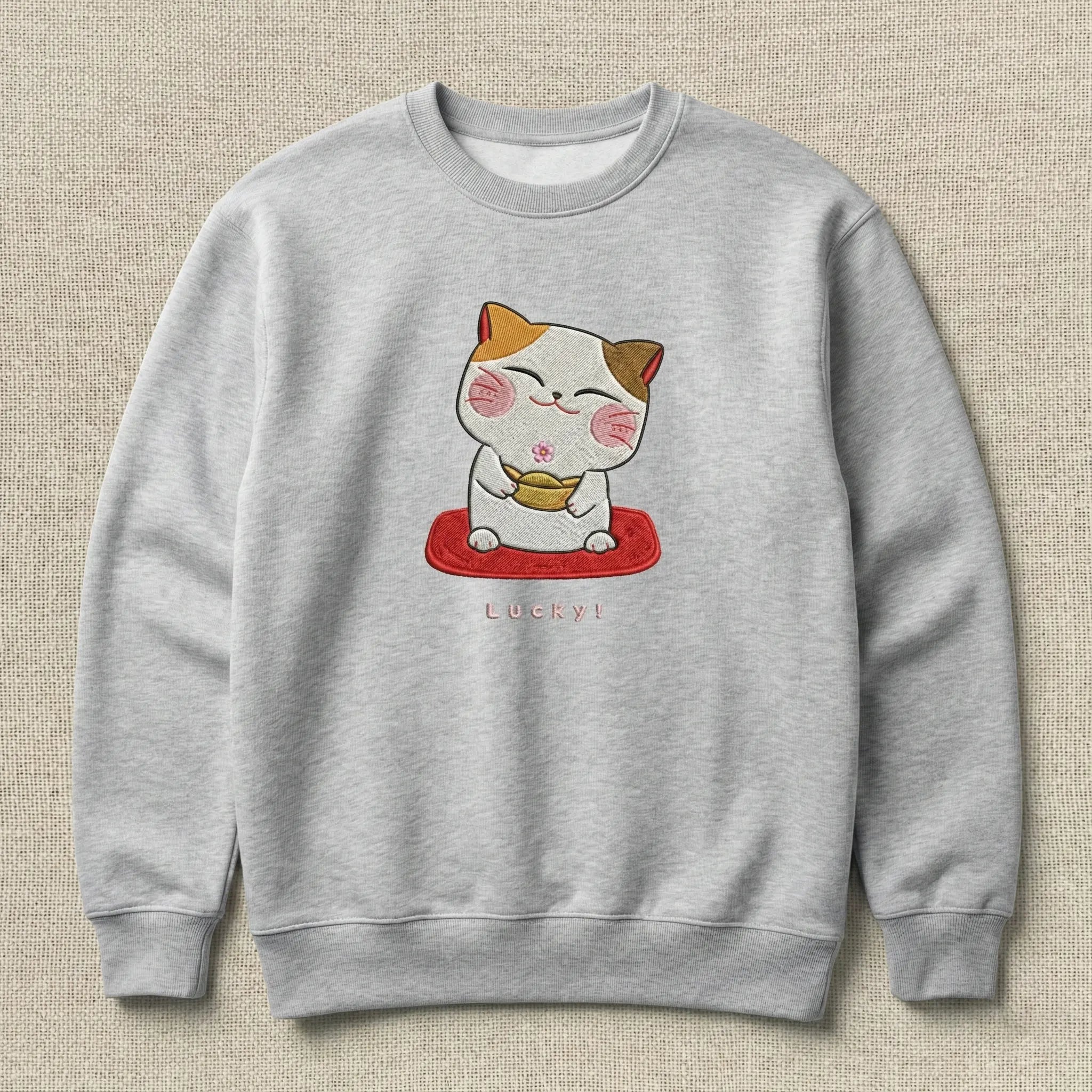 Lucky Cat Embroidered Sweatshirt – Minimal Cute Fortune Design, Cozy Black Crewneck