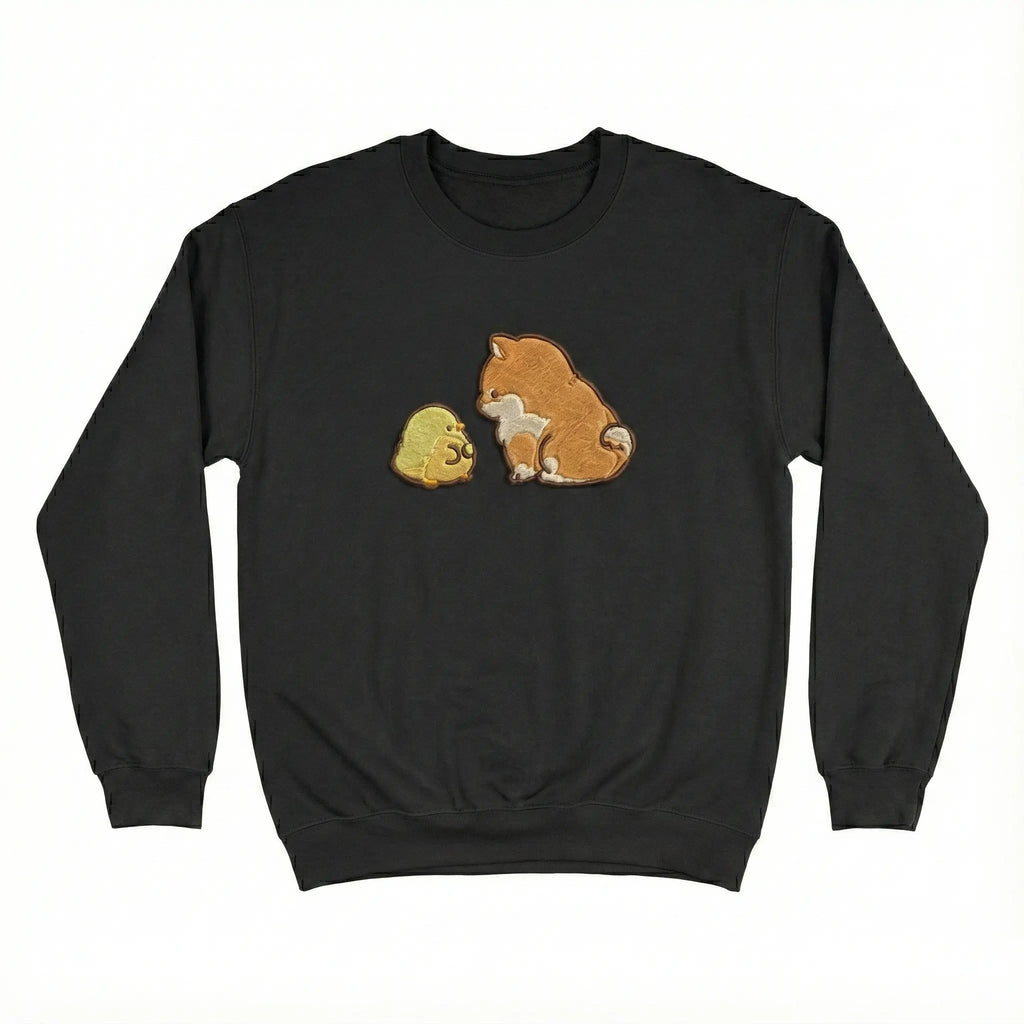 Cute Dog Embroidered Sweatshirt – Puppy and Chick Friendship Illustration, Crewneck Style