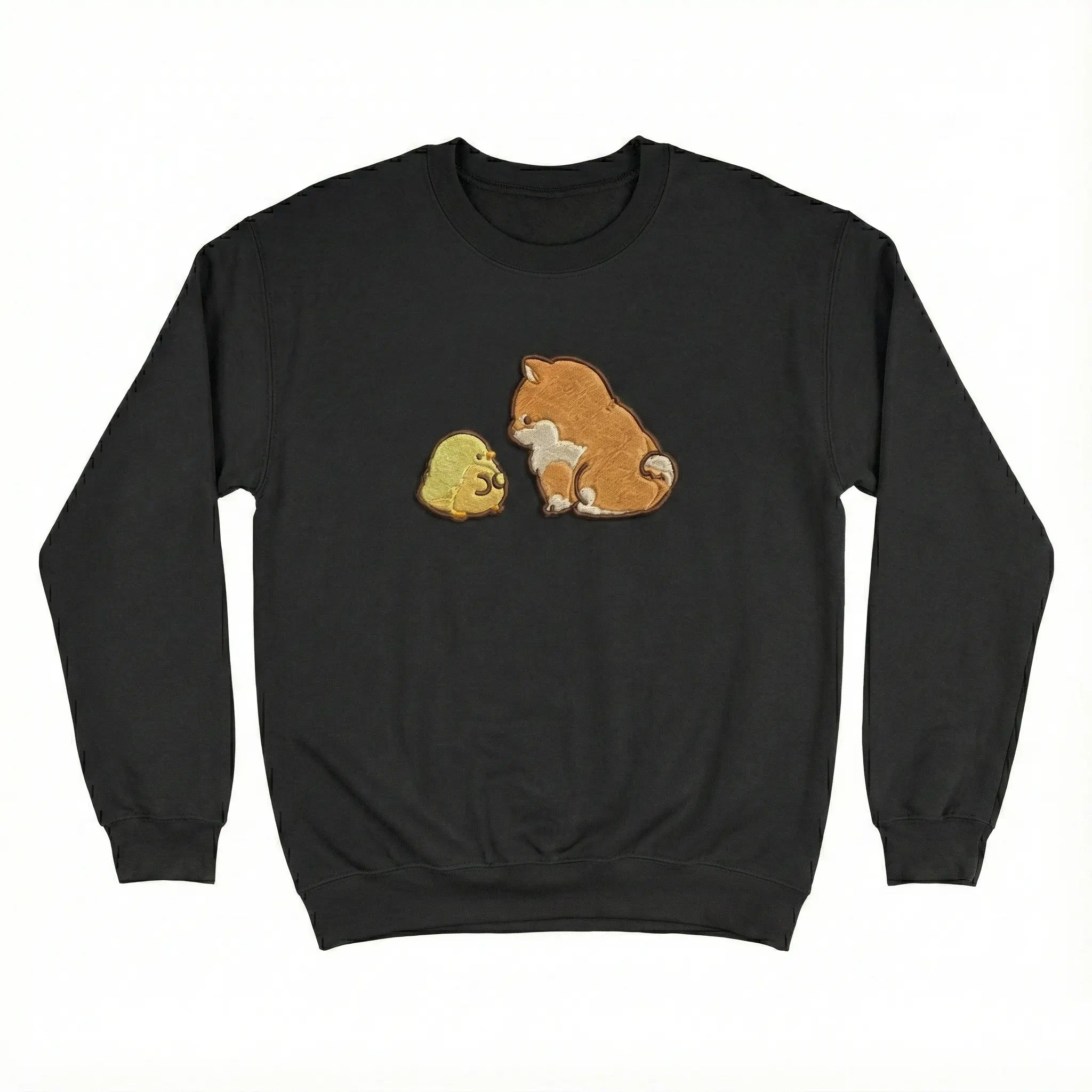 Cute Dog Embroidered Sweatshirt – Puppy and Chick Friendship Illustration, Crewneck Style