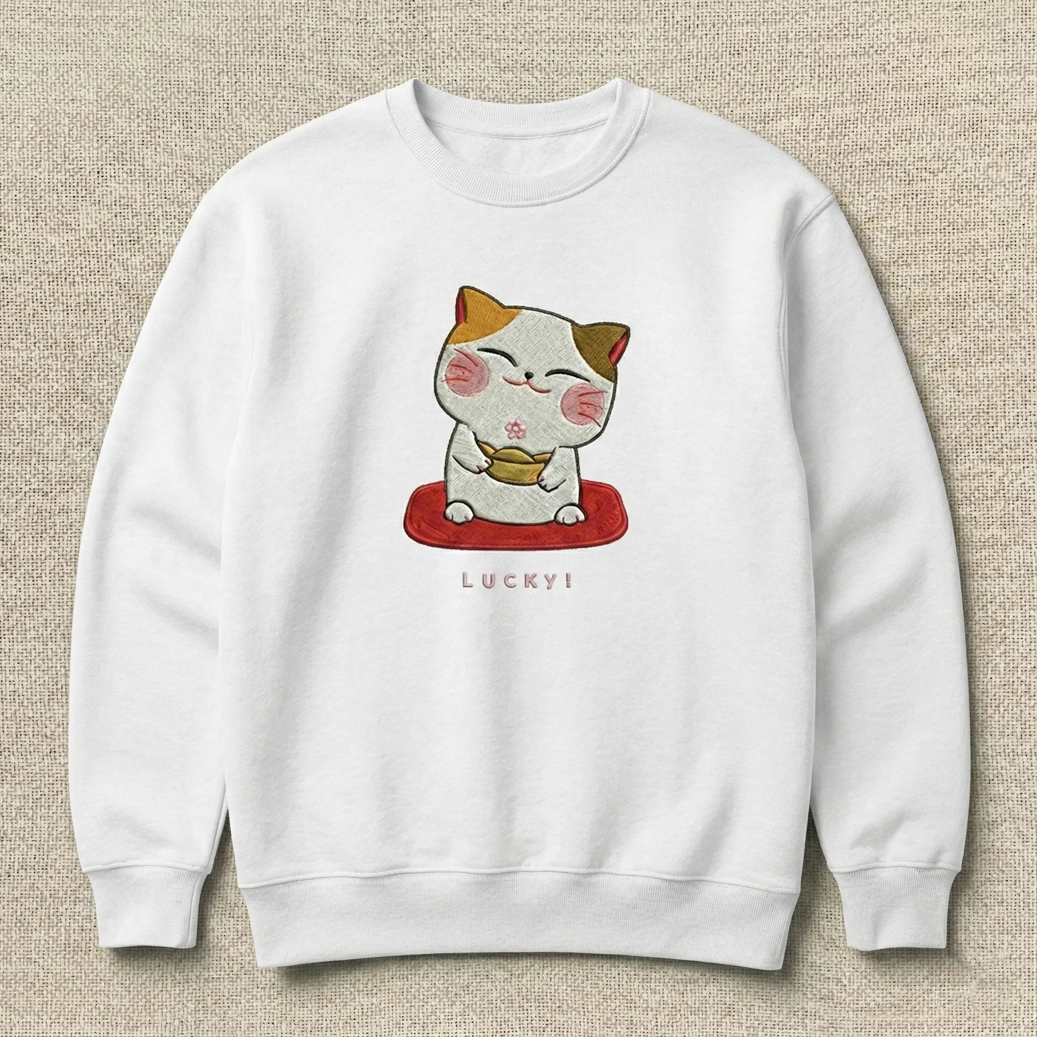 Lucky Cat Embroidered Sweatshirt – Minimal Cute Fortune Design, Cozy Black Crewneck