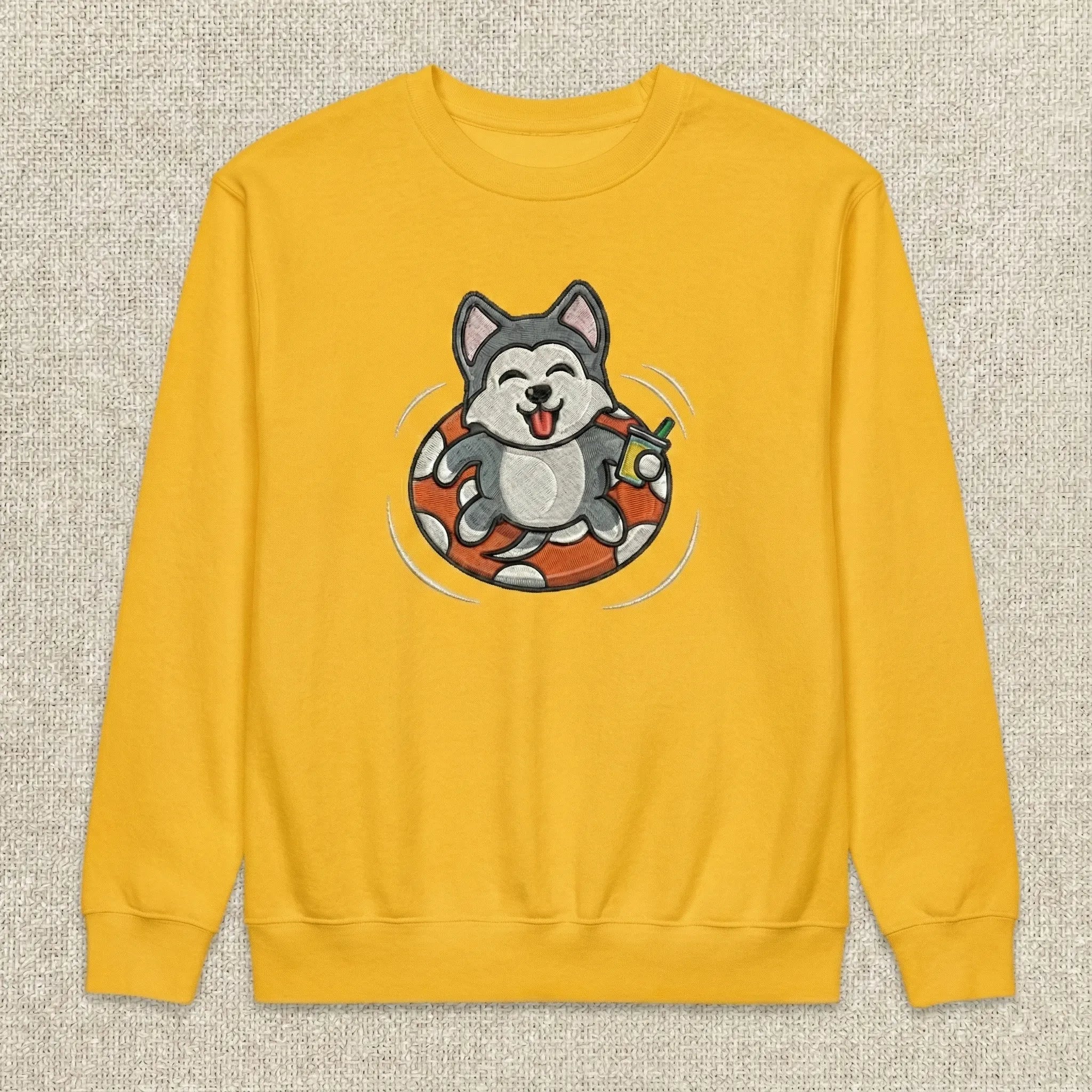 Cute Dog Embroidered Sweatshirt – Playful Puppy Float Scene Illustration, Crewneck Style