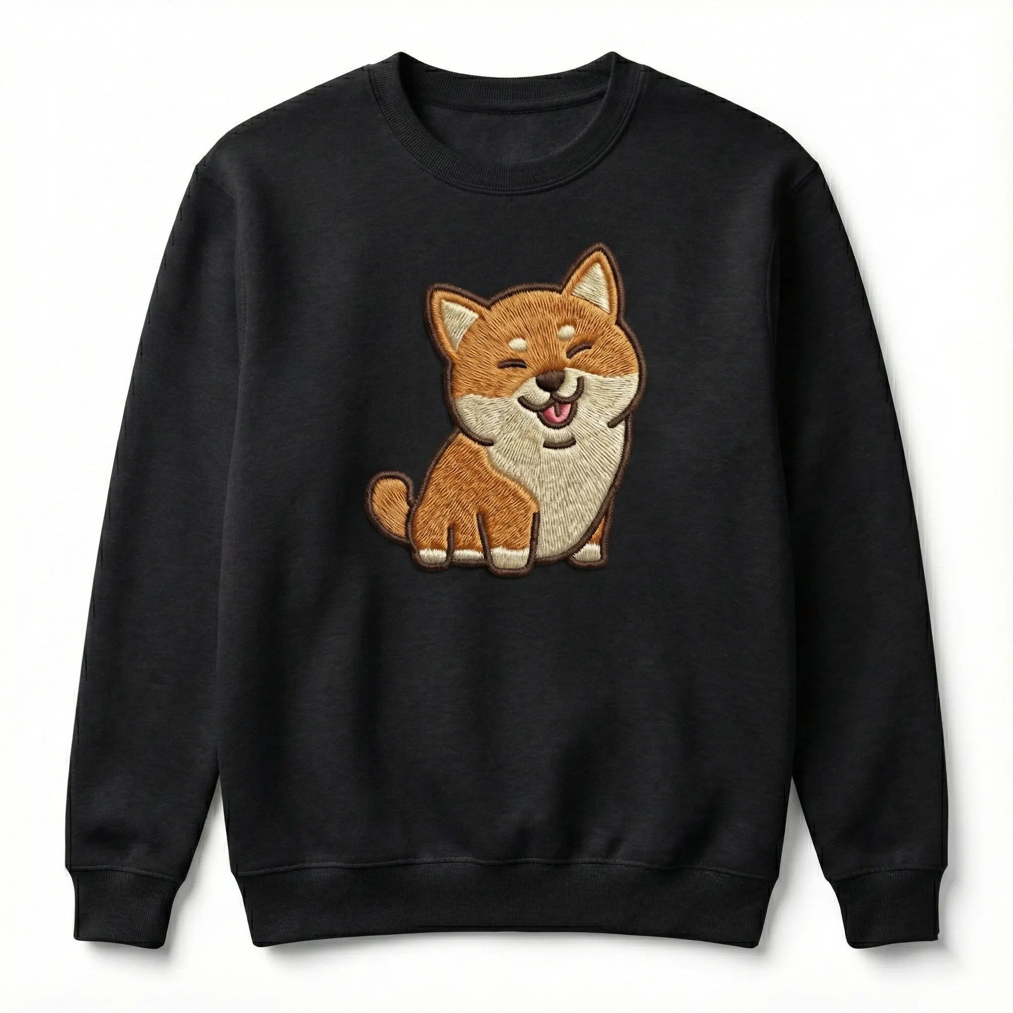 Cute Dog Embroidered Sweatshirt – Smiling Puppy Illustration, Crewneck Style