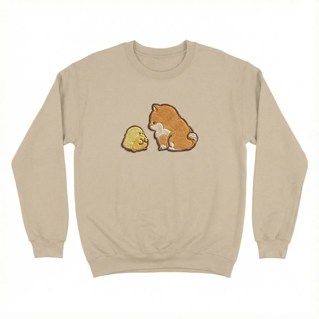 Cute Dog Embroidered Sweatshirt – Puppy and Chick Friendship Illustration, Crewneck Style
