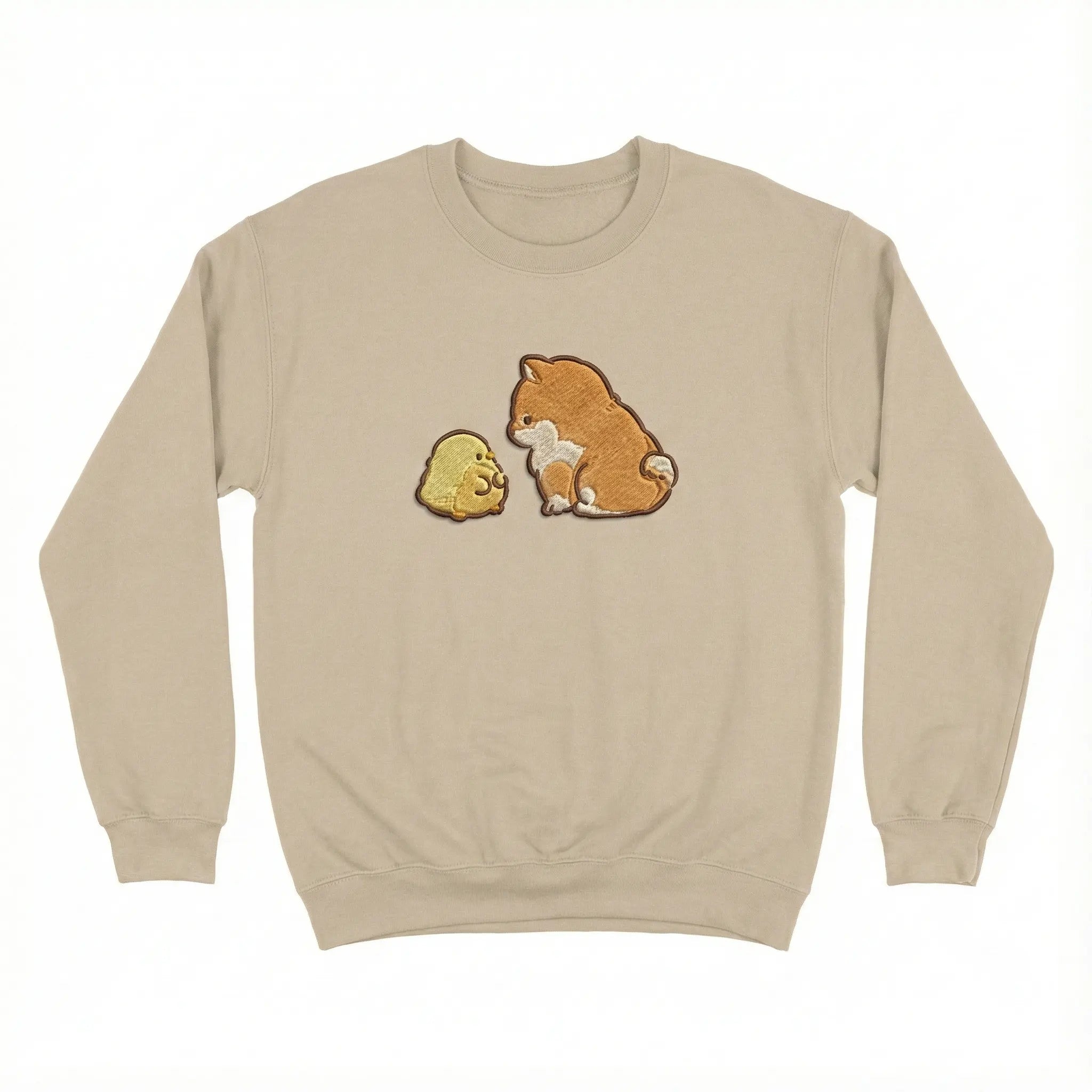 Cute Dog Embroidered Sweatshirt – Puppy and Chick Friendship Illustration, Crewneck Style