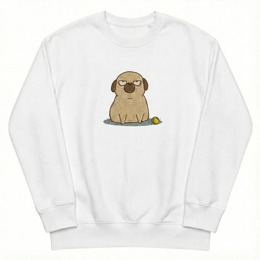 Funny Dog Embroidered Sweatshirt – Cute Grumpy Puppy Design, Clean White Crewneck