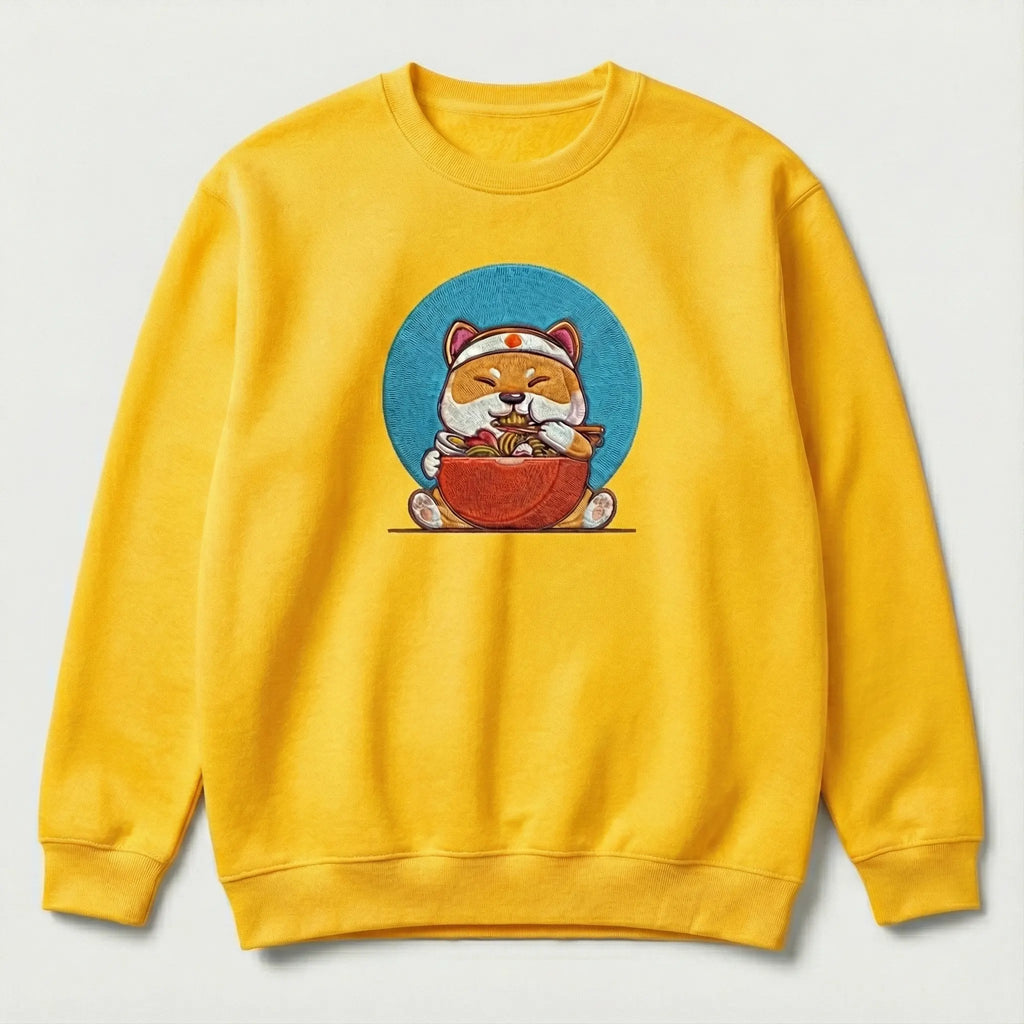 Cute Dog Embroidered Sweatshirt – Happy Noodle Lover Illustration, Crewneck Style