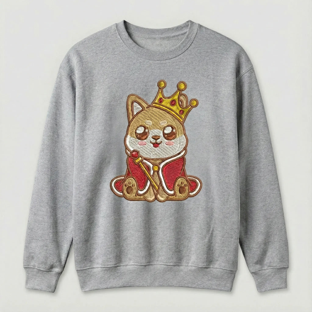 Cute Dog Embroidered Sweatshirt – Royal Puppy Crown Illustration, Crewneck Style