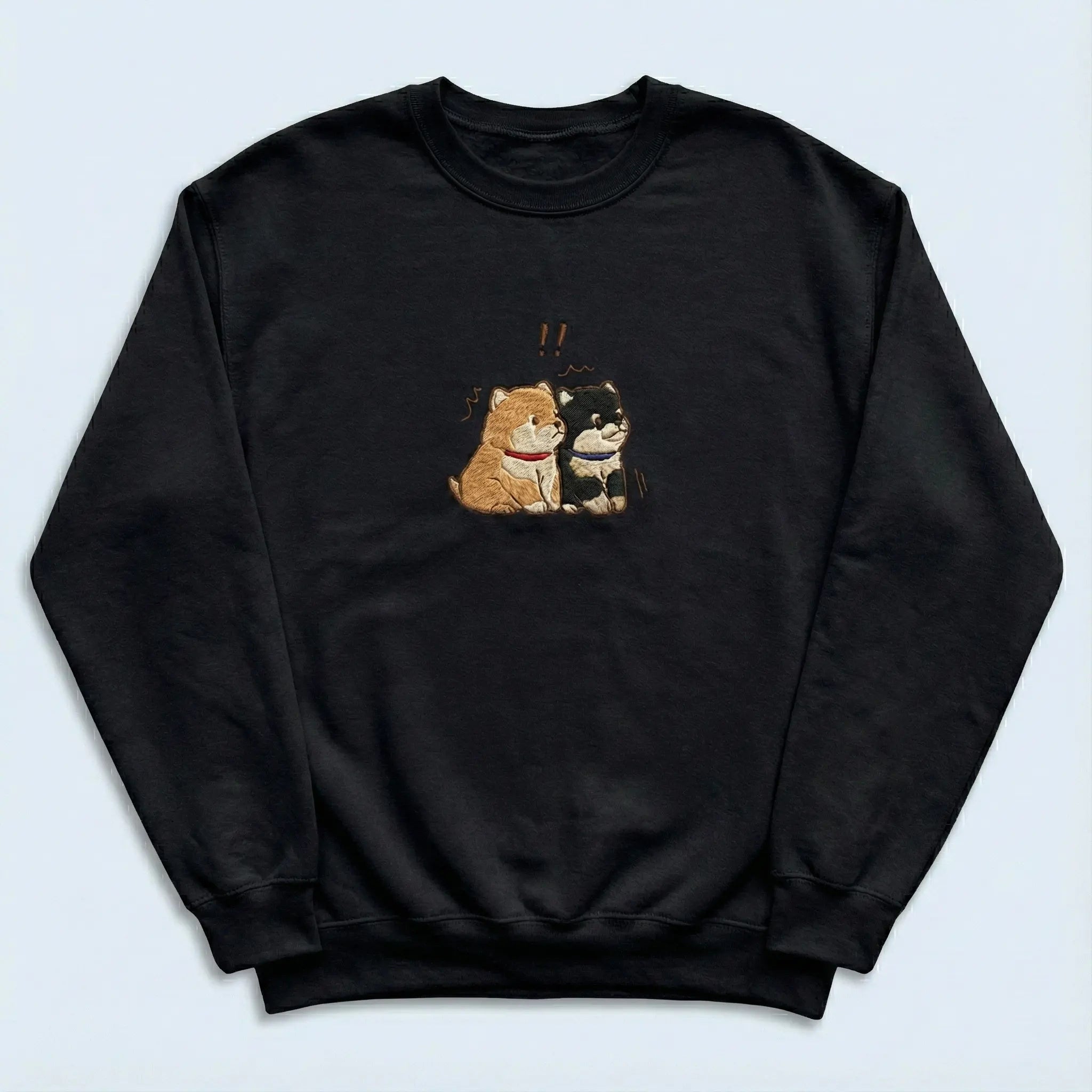 Cute Dog Embroidered Sweatshirt – Two Puppies Surprise Moment Illustration, Crewneck Style